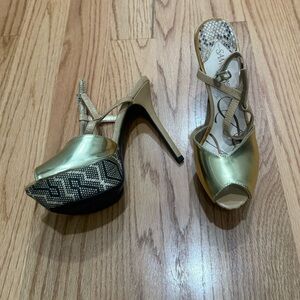 Target Gold Metallic Platform Stiletto Heels with Black & Cream Woven Detail